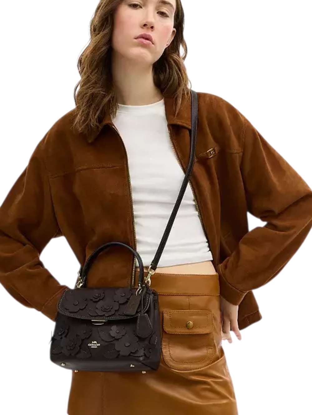 COACH Floral Appliqué Leather Top-Handle Emory Bag - Maple - Dark Brown - New - Picture 3 of 14